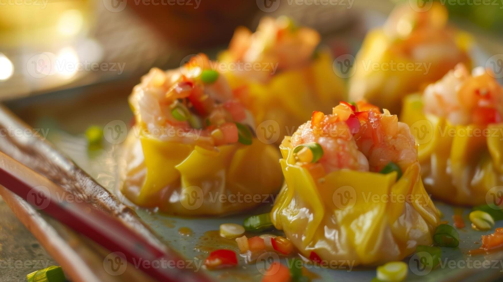 An exotic take on the classic pork and shrimp shumai with a touch of tropical fruit salsa photo