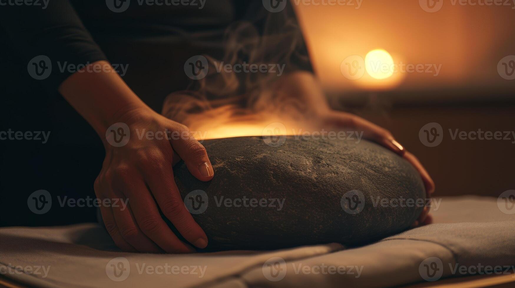 A person gently massaging their abdomen with a heated sauna stone the warmth and pressure promoting healthy flow and aiding in digestion. photo