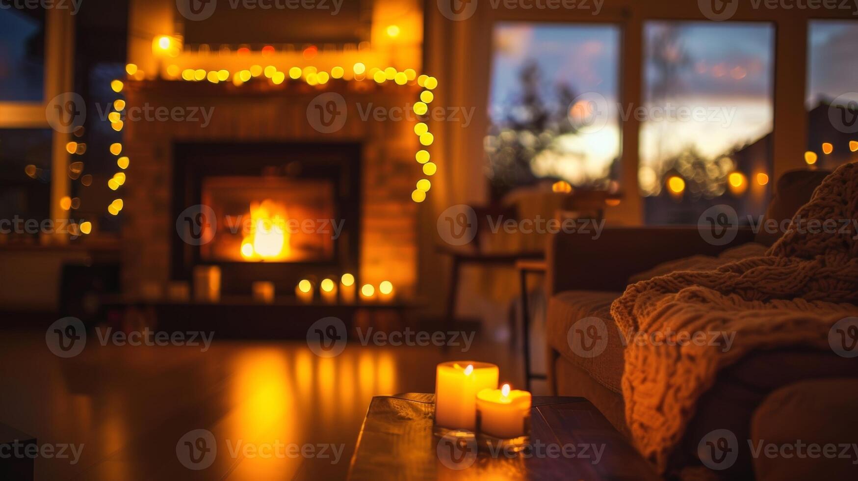 A cozy living room with a reflective fireplace surround casting a warm glow around the room. 2d flat cartoon photo