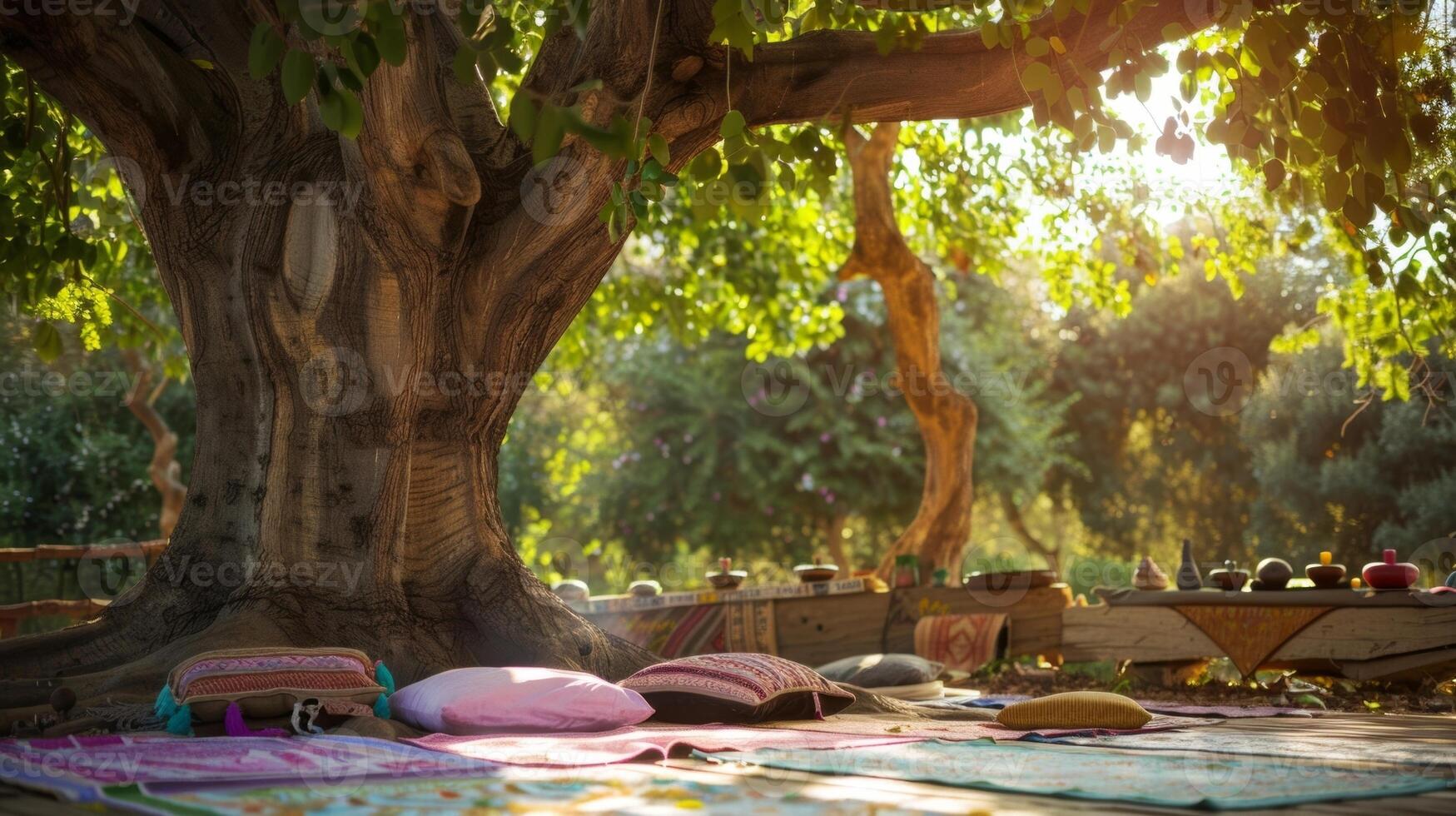 A meditation session taking place under a large tree surrounded by uplifting messages and positive affirmations photo