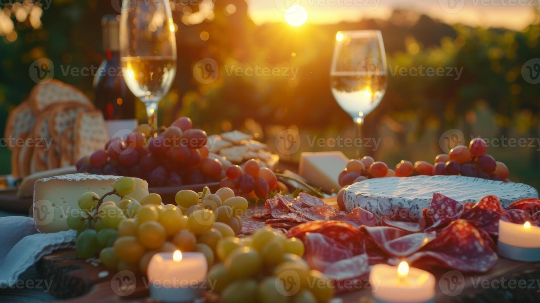 As the sun sets the candles become the primary source of light making the wine and cheese spread even more alluring and appetizing. 2d flat cartoon photo