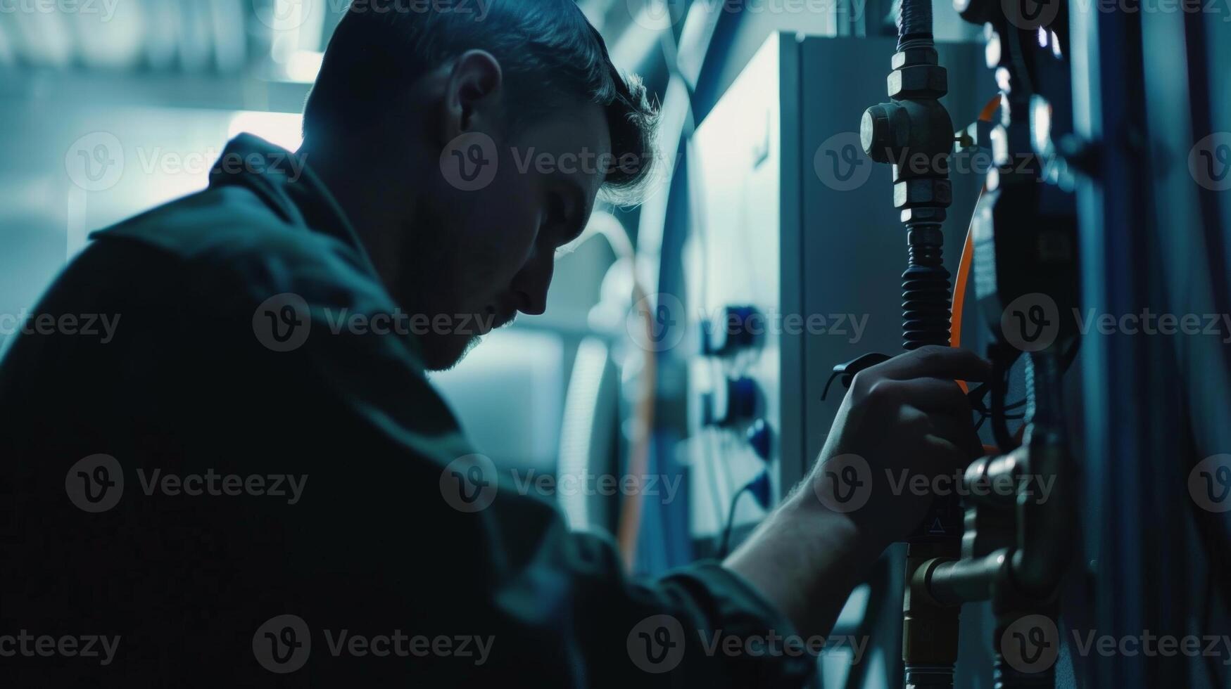 Electricians and plumbers working on the inner workings of the building preparing it for utilities photo