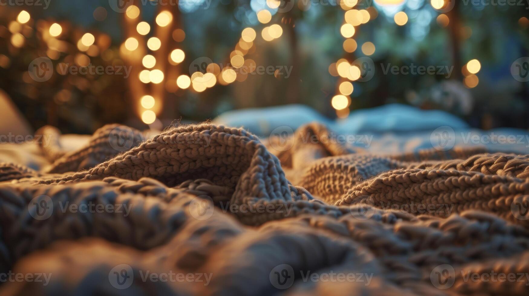Soft blankets are spread out on the ground inviting guests to make themselves comfortable and settle in for the night. 2d flat cartoon photo