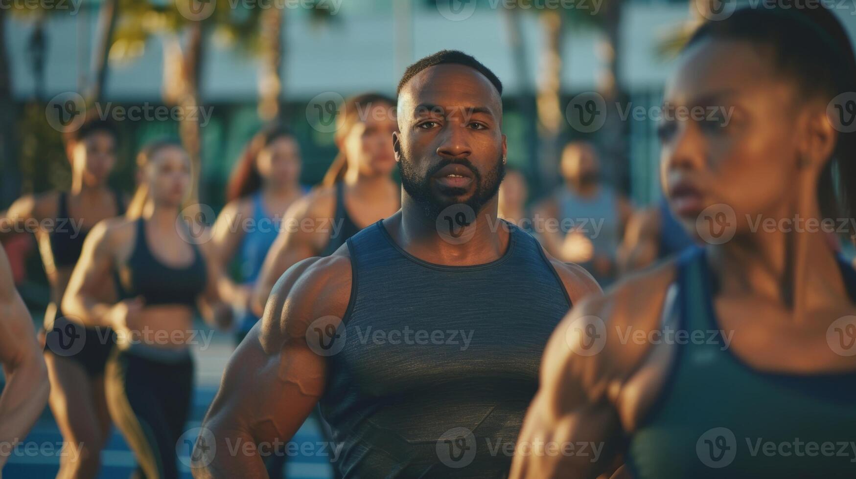 A personal trainer leads a group of individuals through a series of intense exercises reminding them of the health benefits of incorporating fresh juices into their diets photo