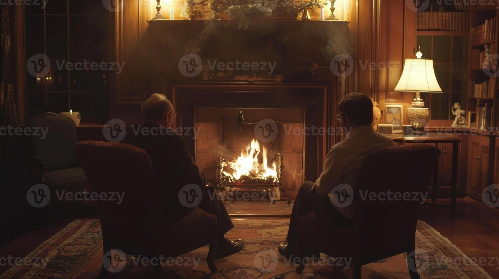 In a dimly lit study a father and son share an intimate conversation by the fireplace bonding over the crackling flames. 2d flat cartoon photo