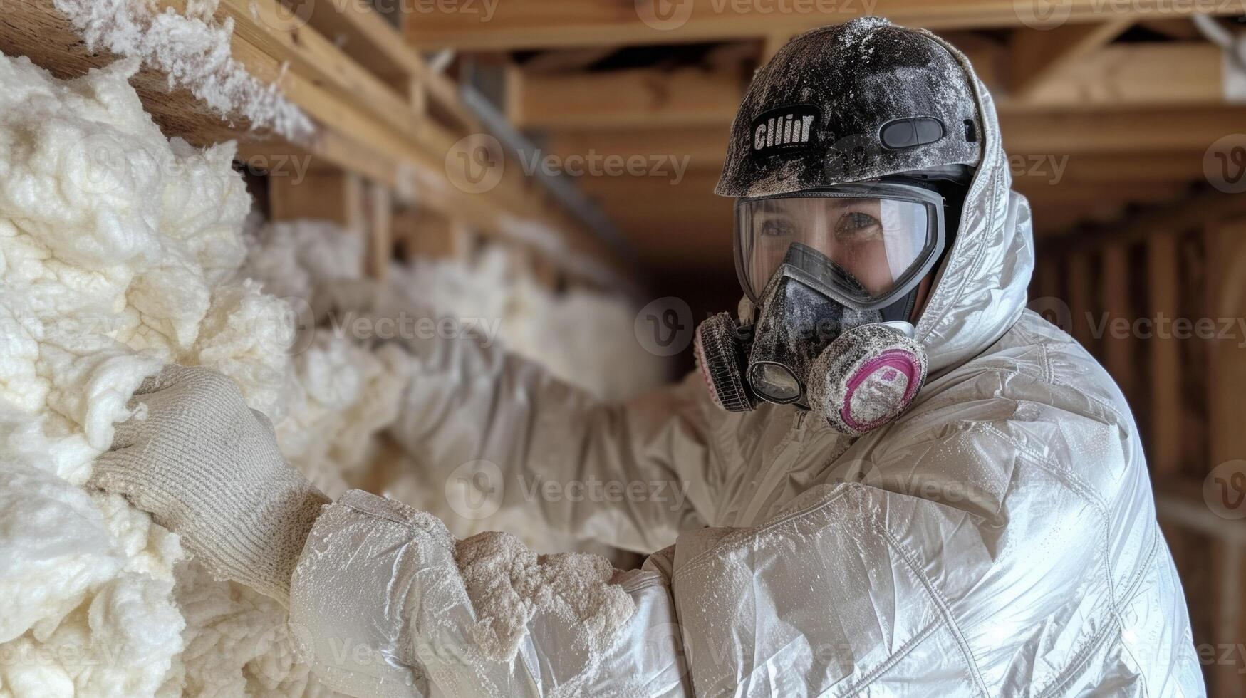 en el segundo imagen nosotros lata ver el instalador vistiendo protector engranaje mientras cuidadosamente colocación aislamiento murciélagos Entre el de madera vigas el aislamiento material es hecho de un lado a otro foto