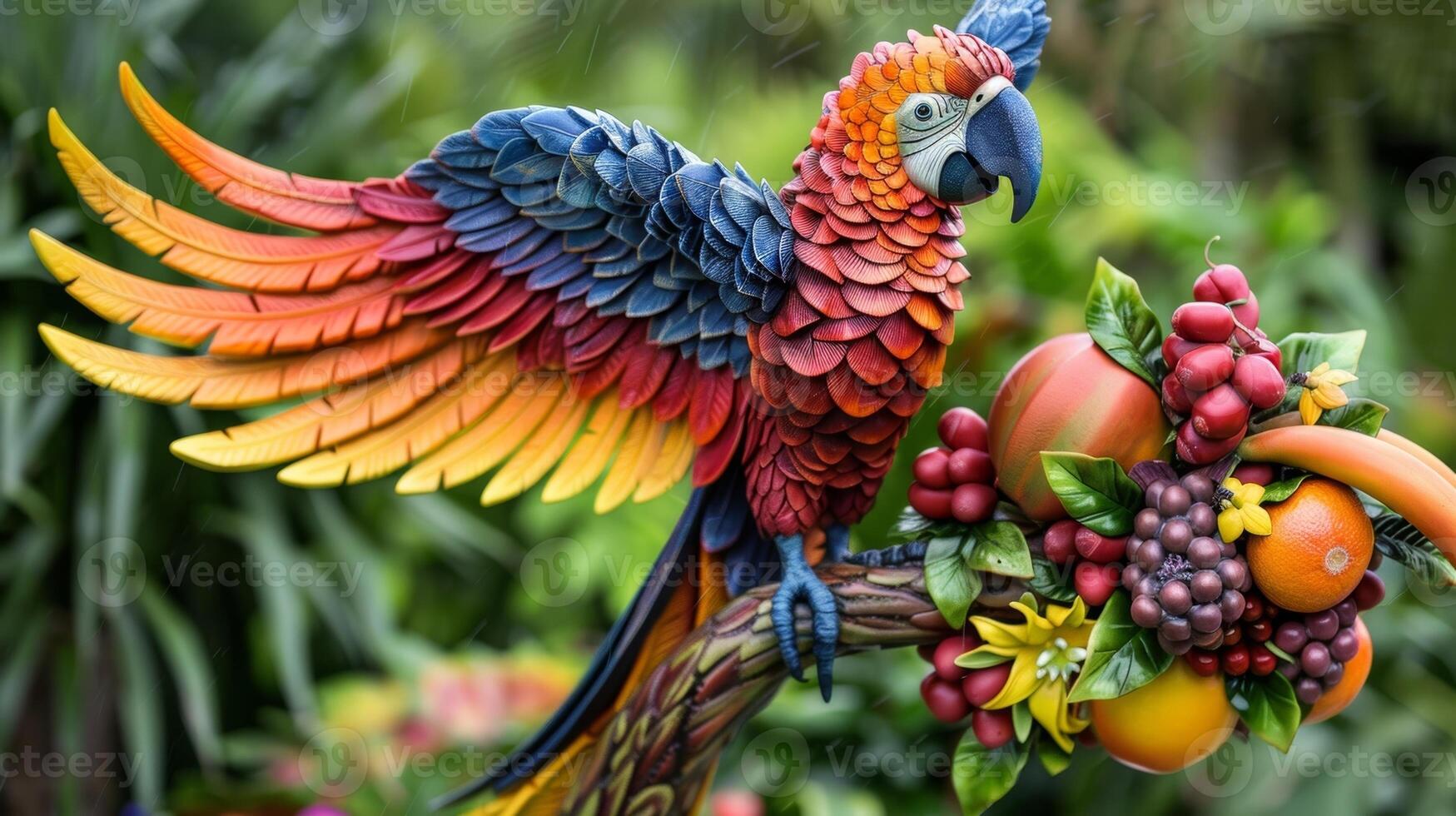 A colorful parrot sculpted from a mix of tropical fruits with its wings spread in flight photo