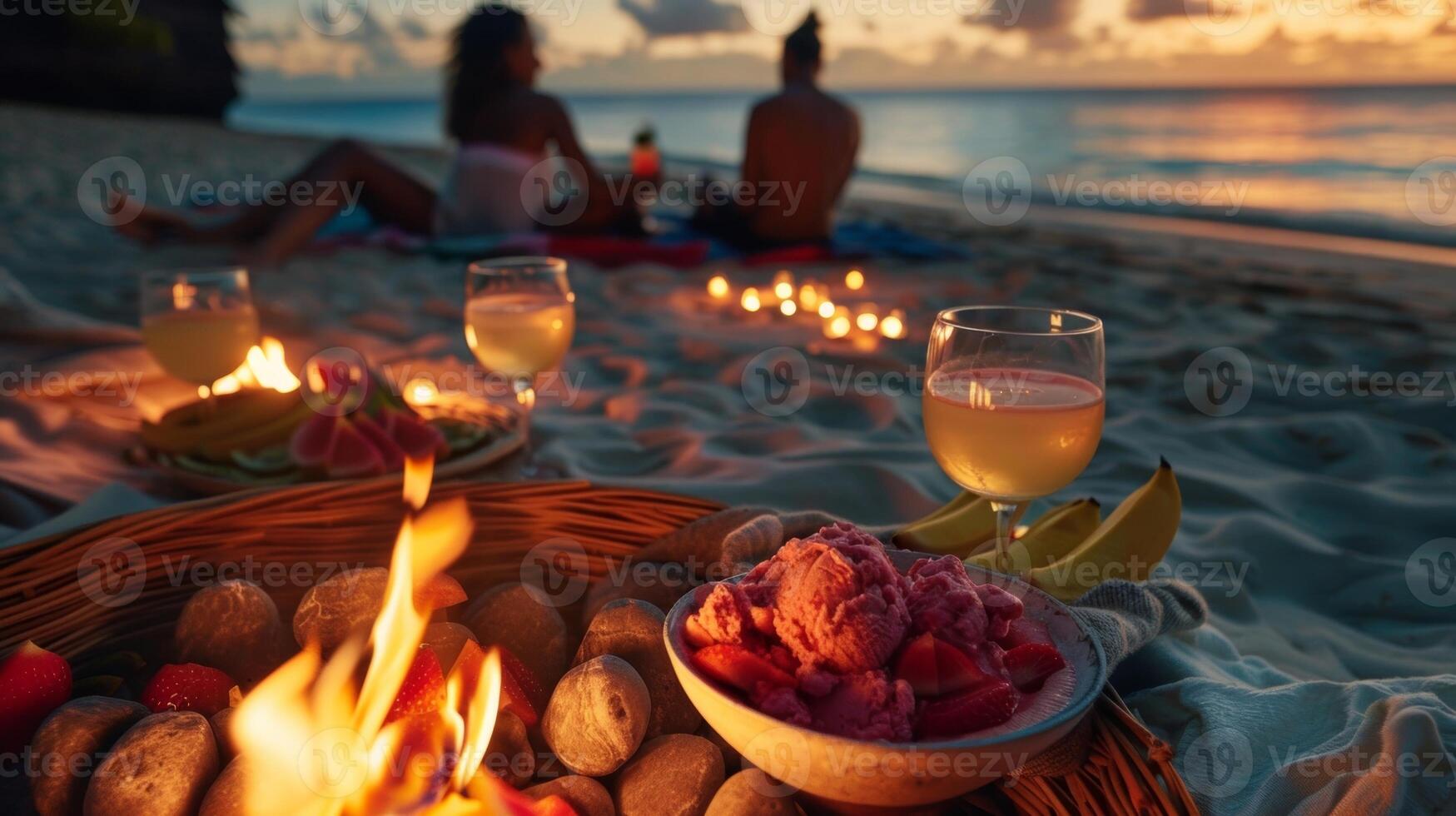 como el grupo relaja en playa mantas disfrutando el calor de el fuego pequeño bochas de tropical Fruta sorbete son pasado alrededor Proporcionar un ligero y refrescante final a el comida foto