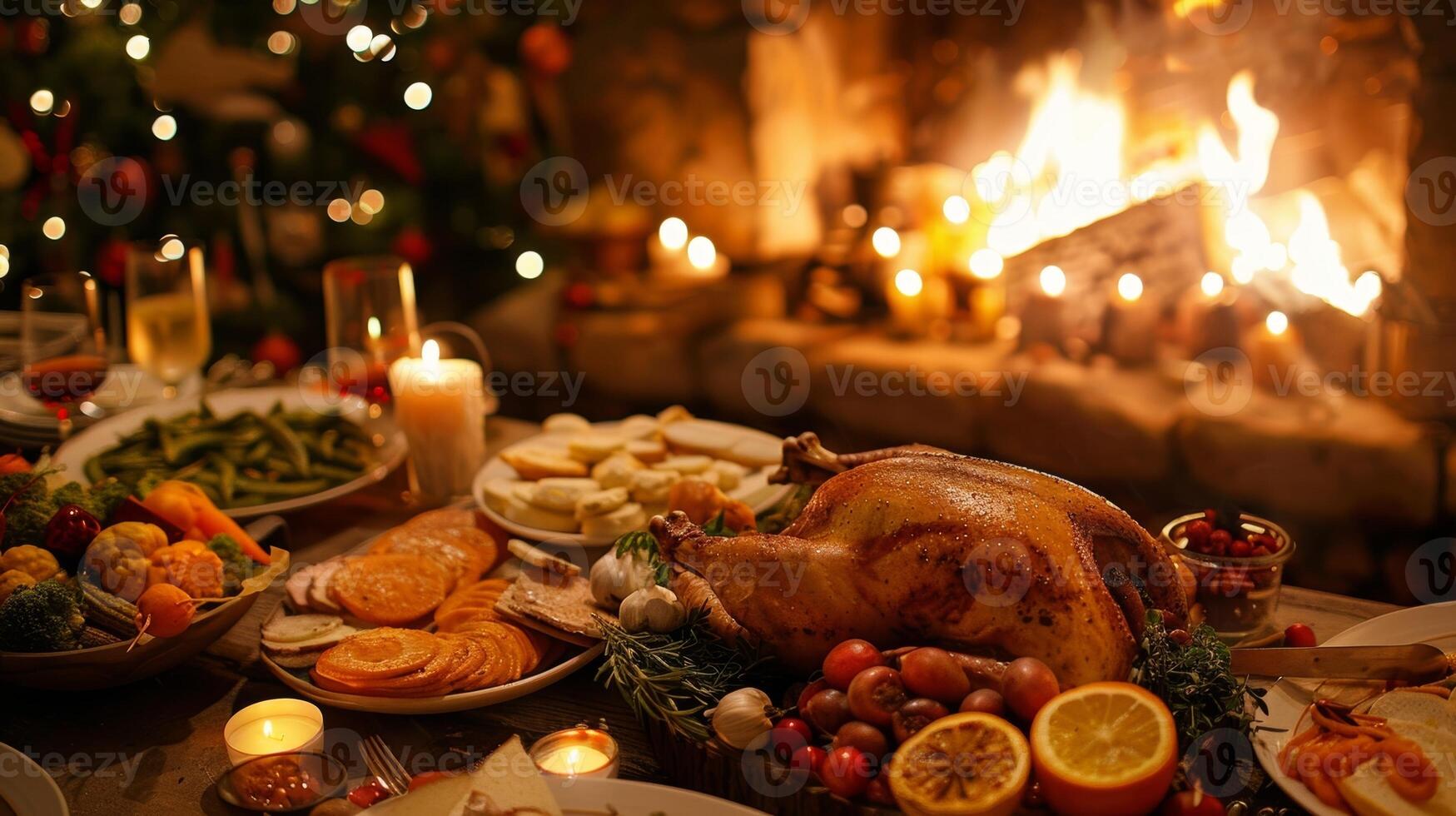 The scent of roasting vegetables and savory meats fills the air combining with the smoky aroma of the candles and fire. 2d flat cartoon photo