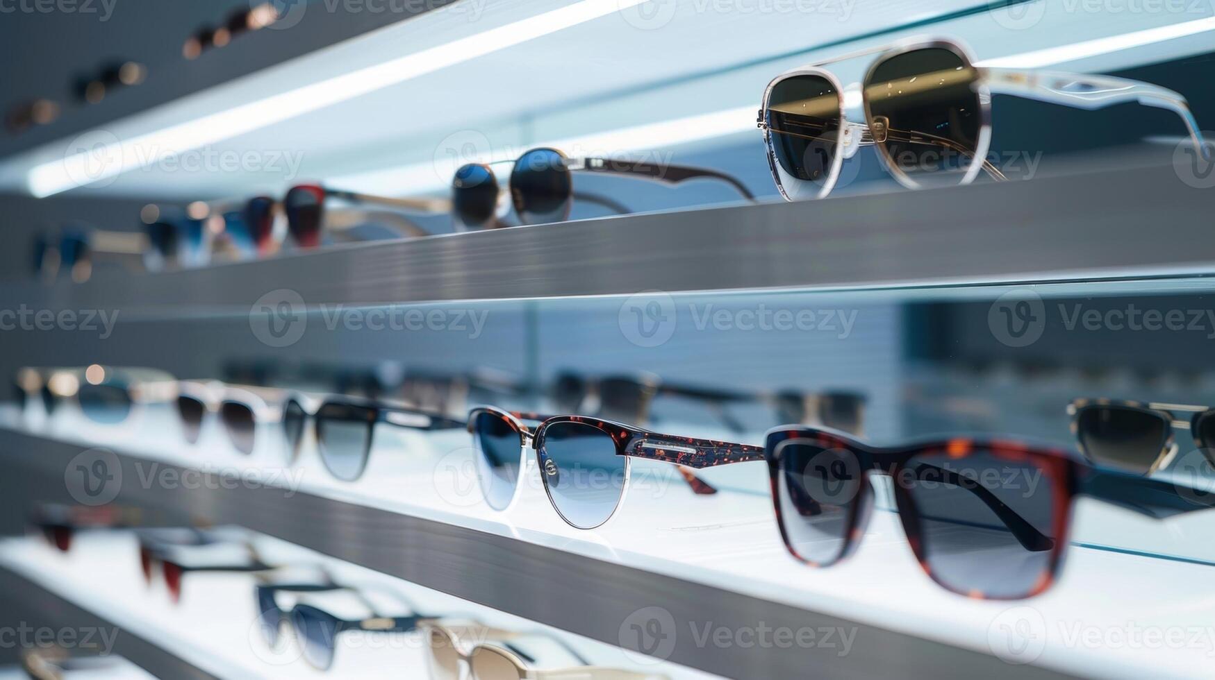 A shelf lined with various designer eyewear frames showcases the diversity and range of styles available in the collection photo