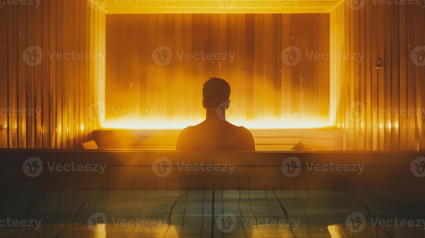 The silhouette of a person in a sauna their body relaxed and their mind focused on the present moment. photo