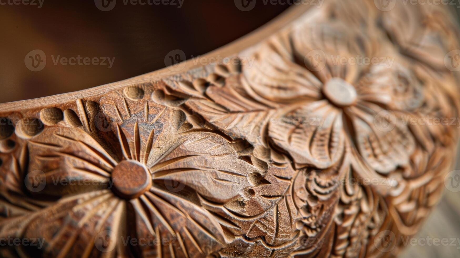 An engraved clay bowl featuring a beautiful floral design that looks almost threedimensional due to the engraving technique. photo