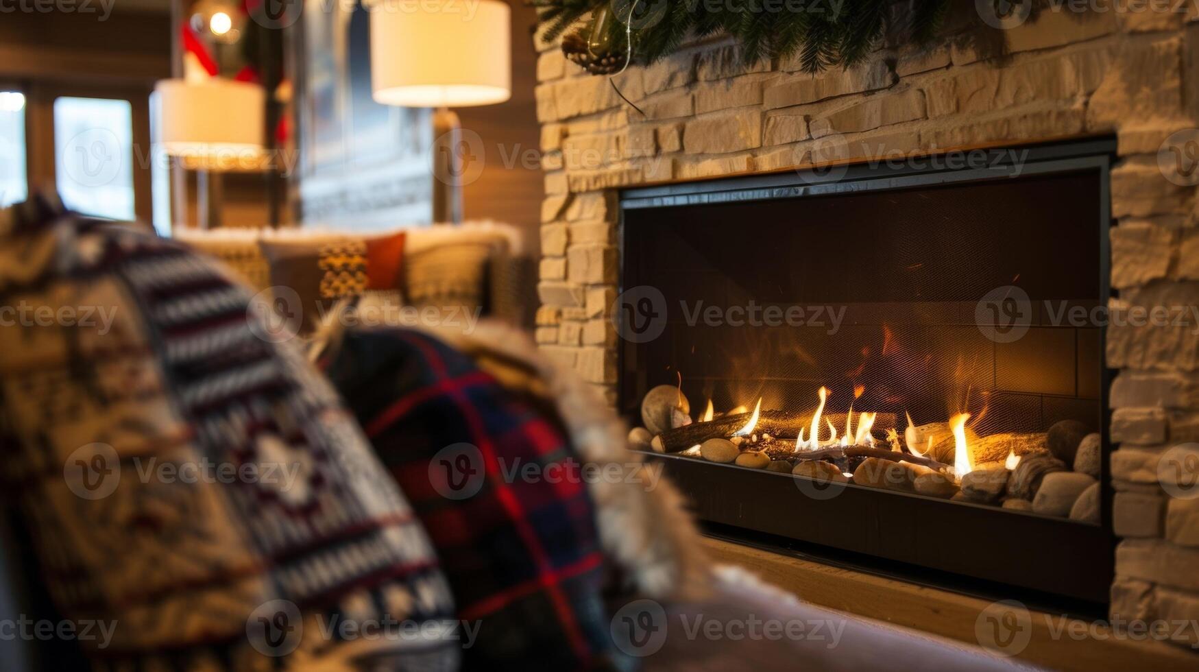 Curl up with a good book in the comfortable den where a modern fireplace with a remotecontrolled flame creates a cozy atmosphere for relaxation. 2d flat cartoon photo