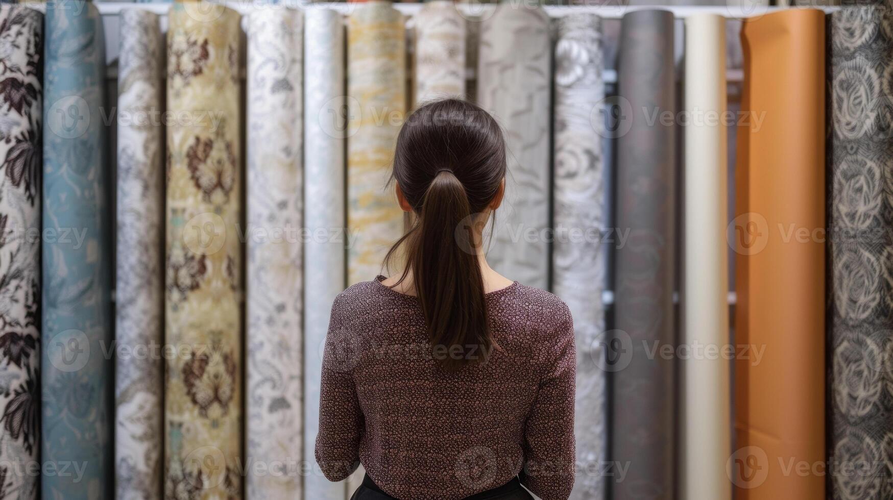 An individual standing in front of a display of different types of wallpaper trying to choose the perfect pattern and color combination for their bedroom accent wall photo