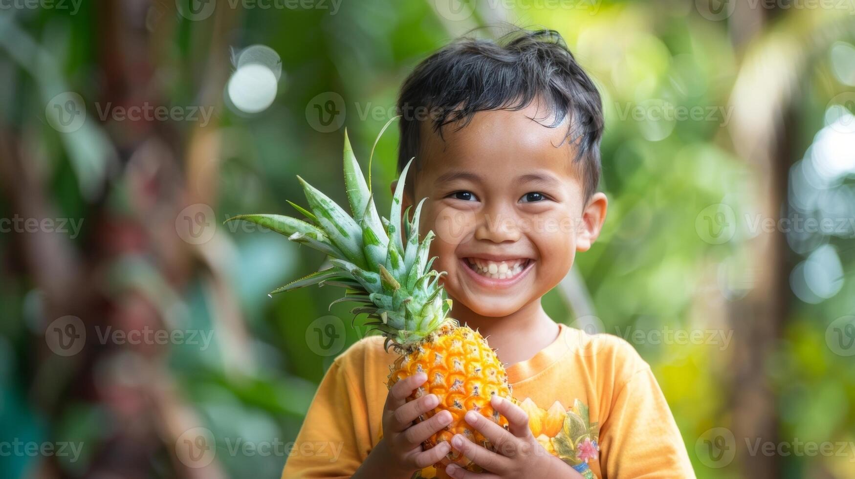 A young child proudly displays their first pineapple carving a simple but charming design that reflects their creativity and enthusiasm photo