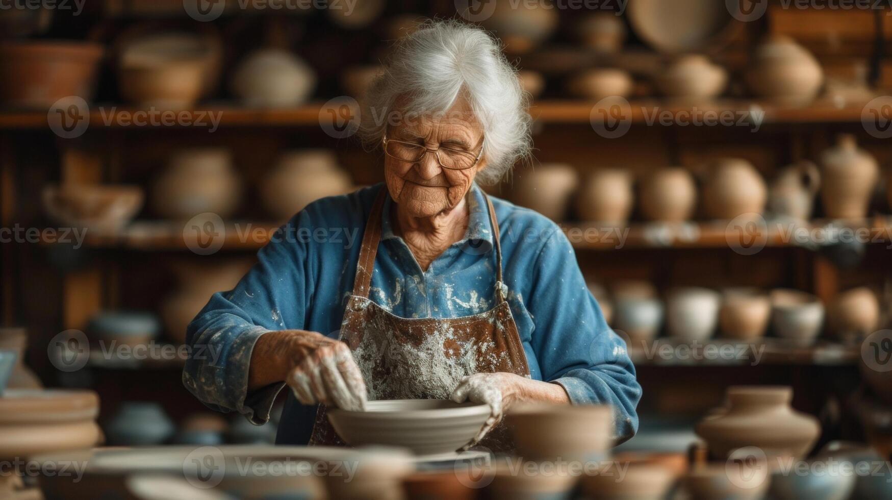 A senior citizen completely enamored in an art class shaping a unique pottery piece on a wheel with precision. Sunlight pours in illuminating the shelves of stunning piece photo