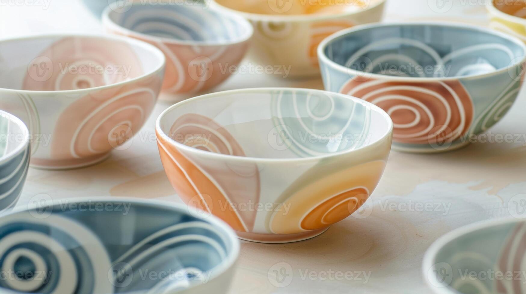 A set of matching ceramic bowls with a handdrawn pattern of overlapping circles in pastel hues. photo