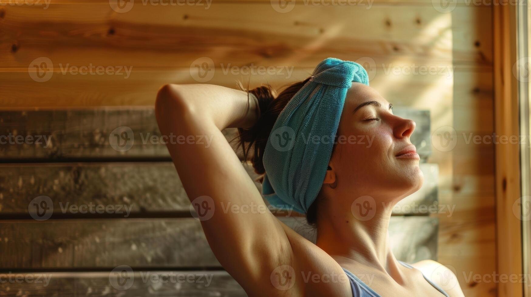 A person stretching in the sauna taking advantage of the heat to increase flexibility and reduce stiffness in their joints affected by osteoarthritis. photo