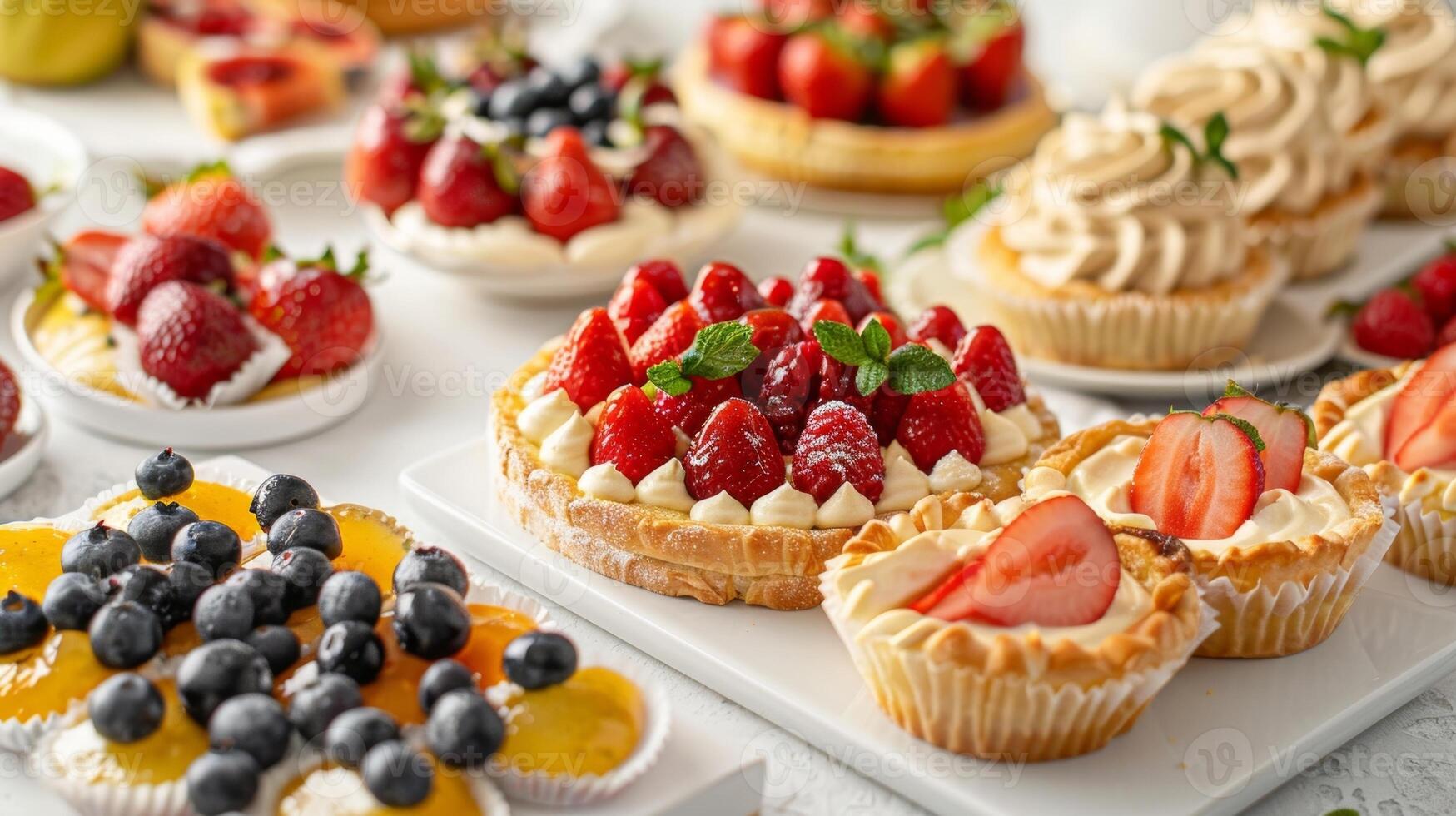 A beautifully decorated buffet spread with an array of fresh fruits pastries and mini quiches for the brunch guests photo
