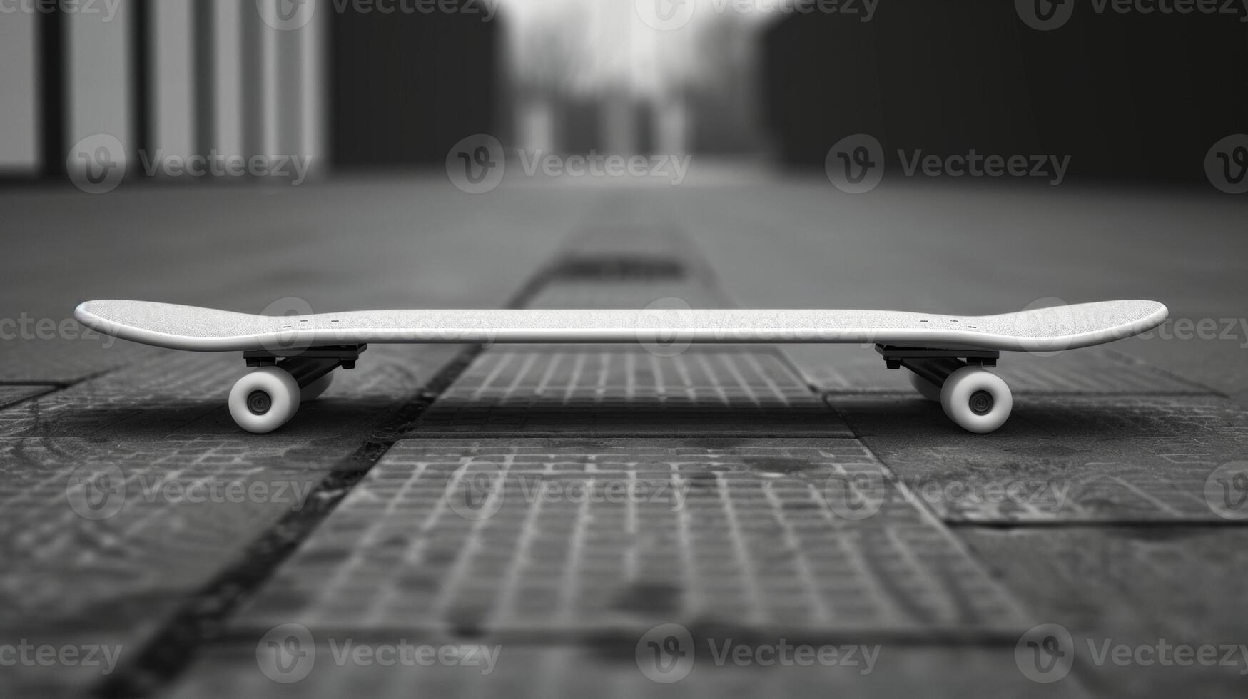 Blank mockup of a monochromatic skateboard with a laser grid design on the bottom photo