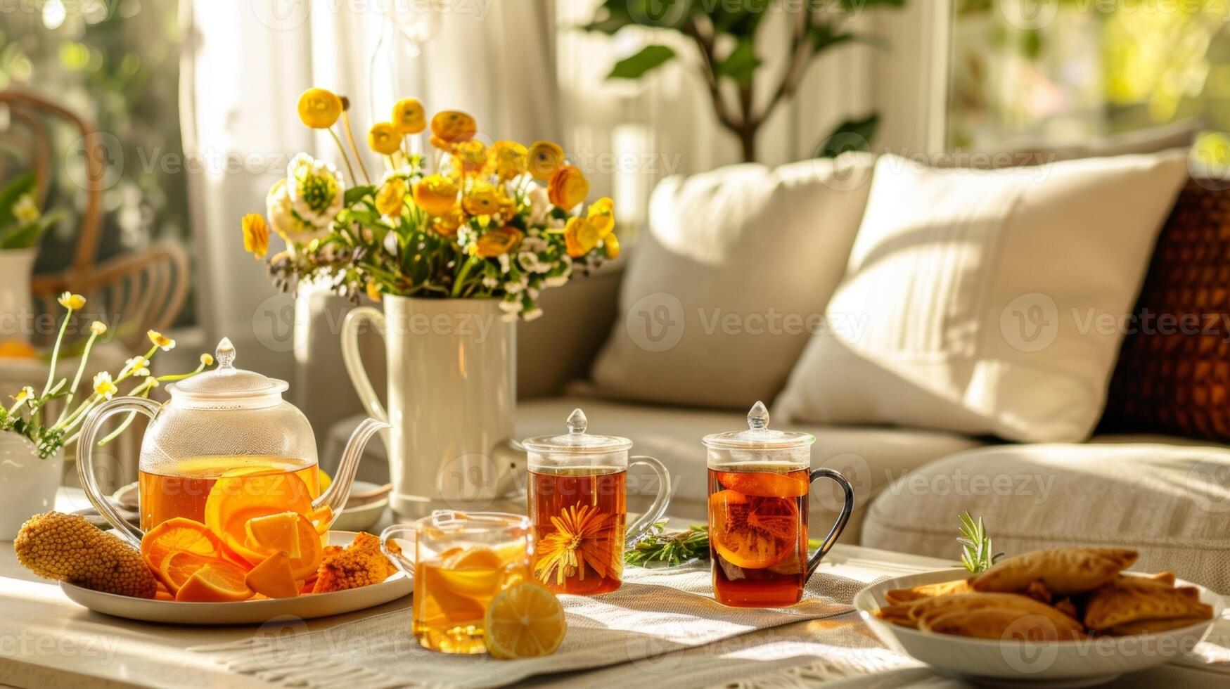 A brunch gathering in a bright and airy living room with a variety of homemade flavorful hot teas like chamomile and citrus ginger photo