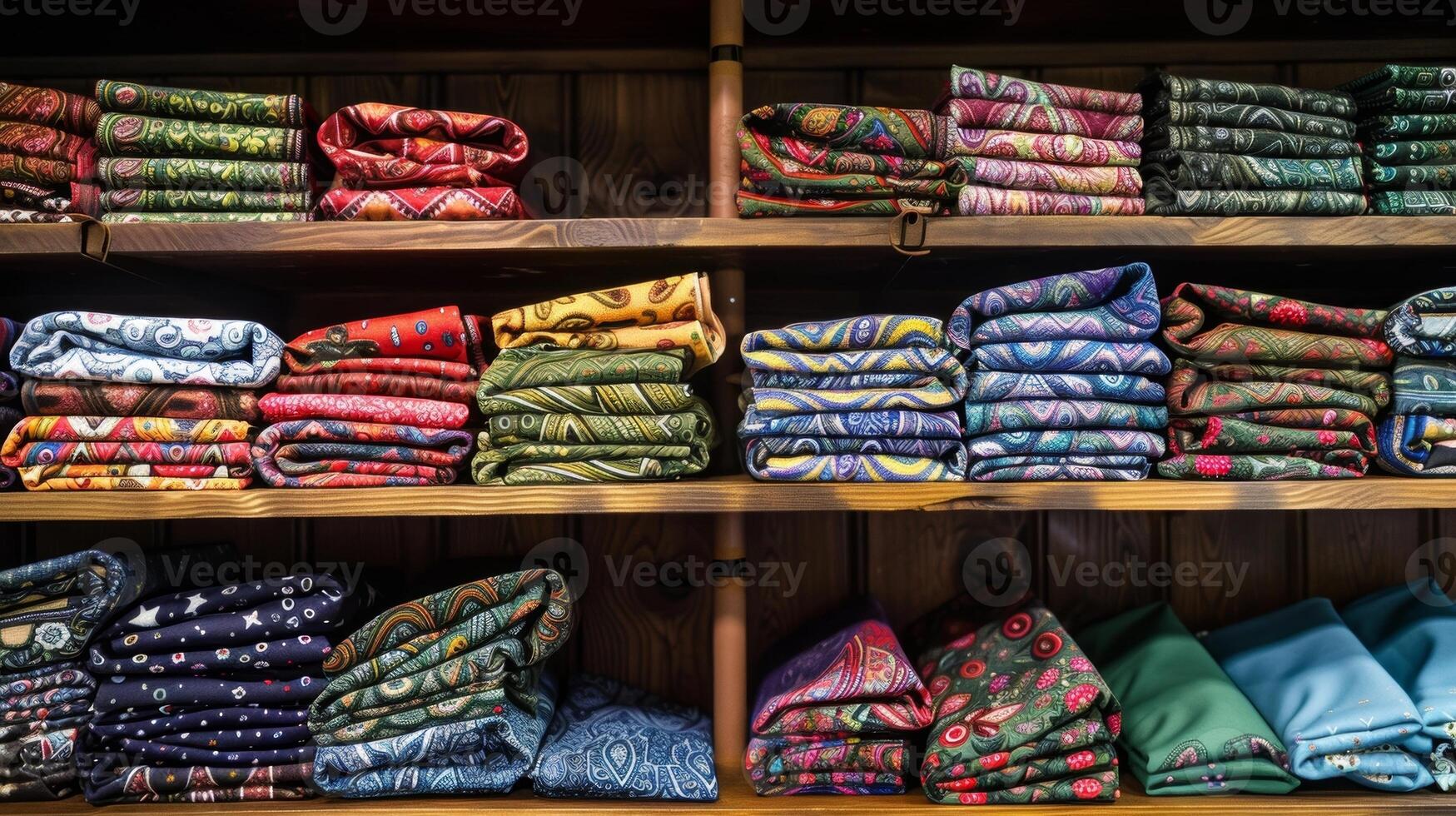 A shelf overflowing with colorful bandanas ranging from classic paisley to bold patterns photo