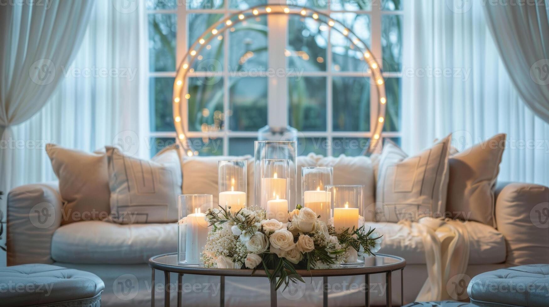 A large circular candle display serves as a stunning focal point in the center of the room adding a touch of drama to the space. 2d flat cartoon photo