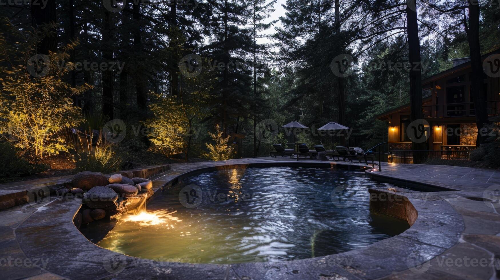 The pools surface glistens in the firelight creating a mesmerizing sight. 2d flat cartoon photo