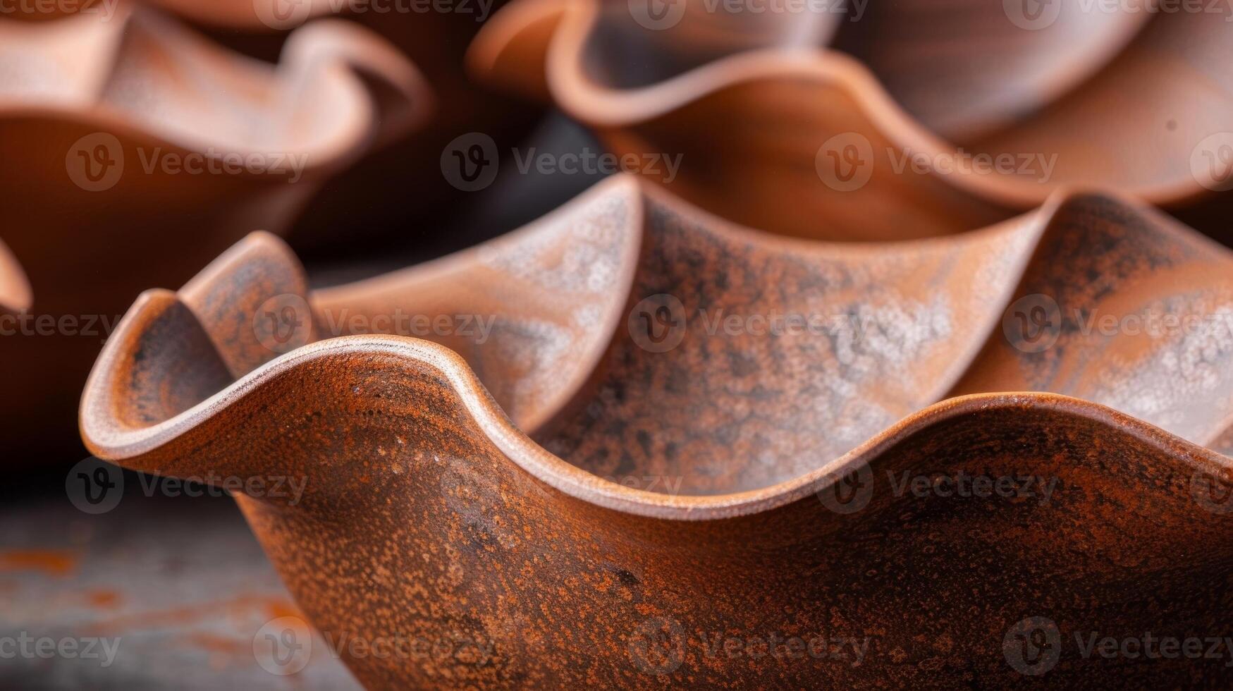 A set of clay bowls with organic and uneven edges mimicking the shapes and curves of smooth river stones. photo