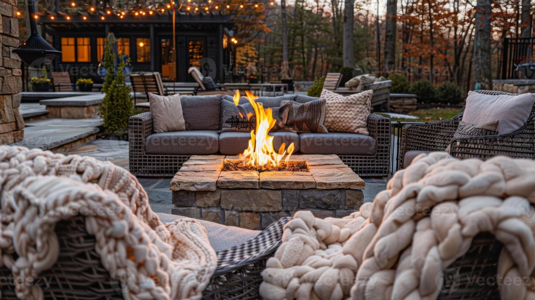 The cozy seating area around the fire pit is adorned with fluffy blankets perfect for snuggling up on a chilly evening. 2d flat cartoon photo