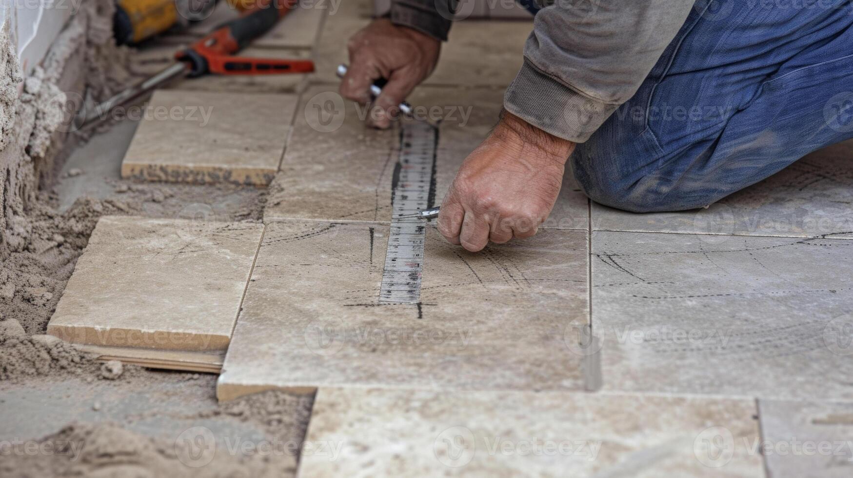 A homeowner marking out a pattern for their new tile flooring measuring and ting each piece before laying them down photo