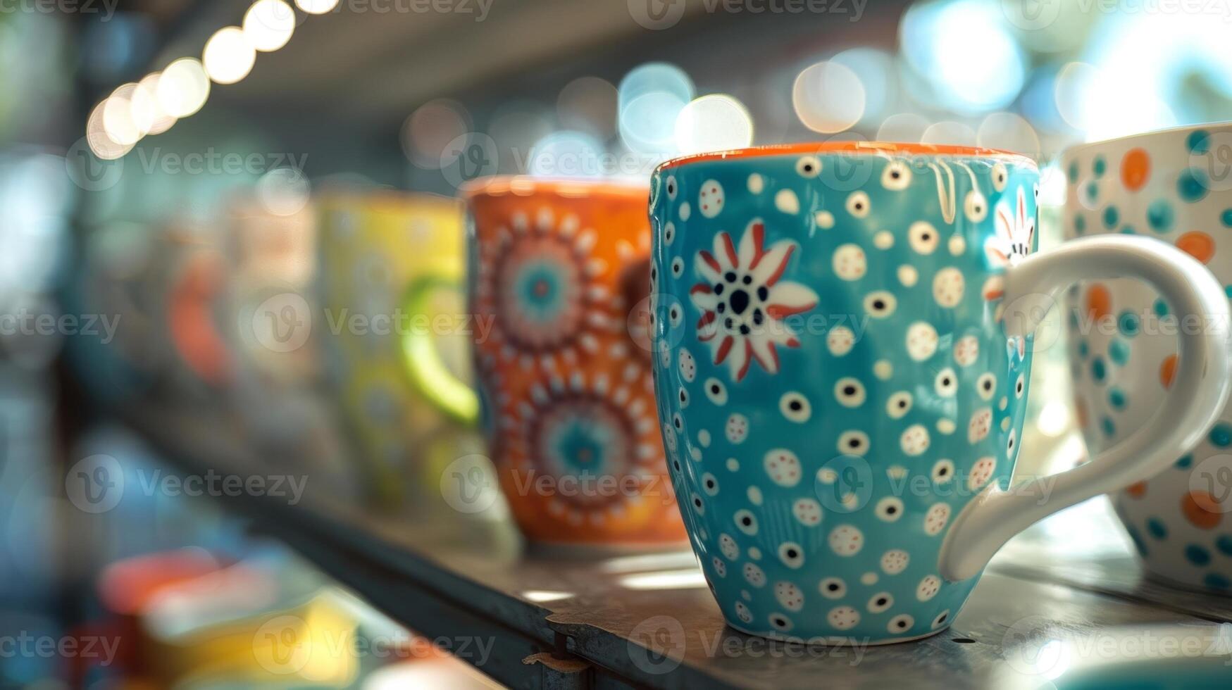 A ceramic mug freshly painted and glazed sitting on a drying rack with other similar mugs each one showcasing unique designs. photo