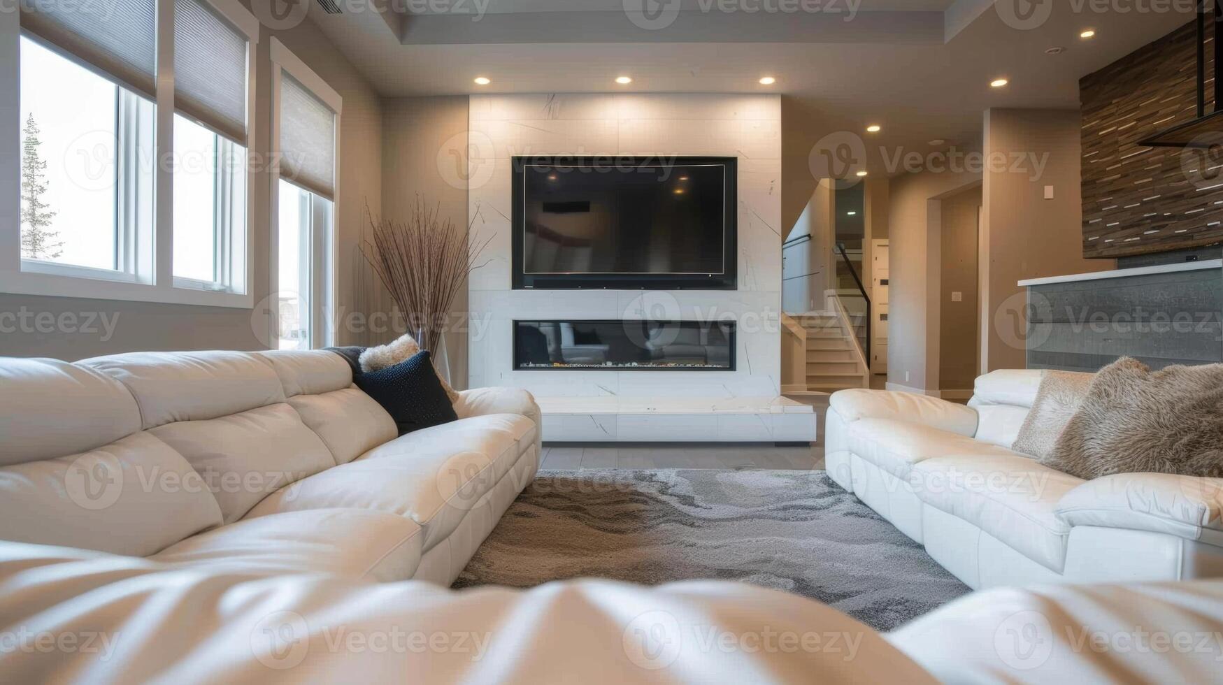Plush white sofas face the sleek fireplace in the entertainment room providing a comfortable spot to snuggle up and watch movies. 2d flat cartoon photo
