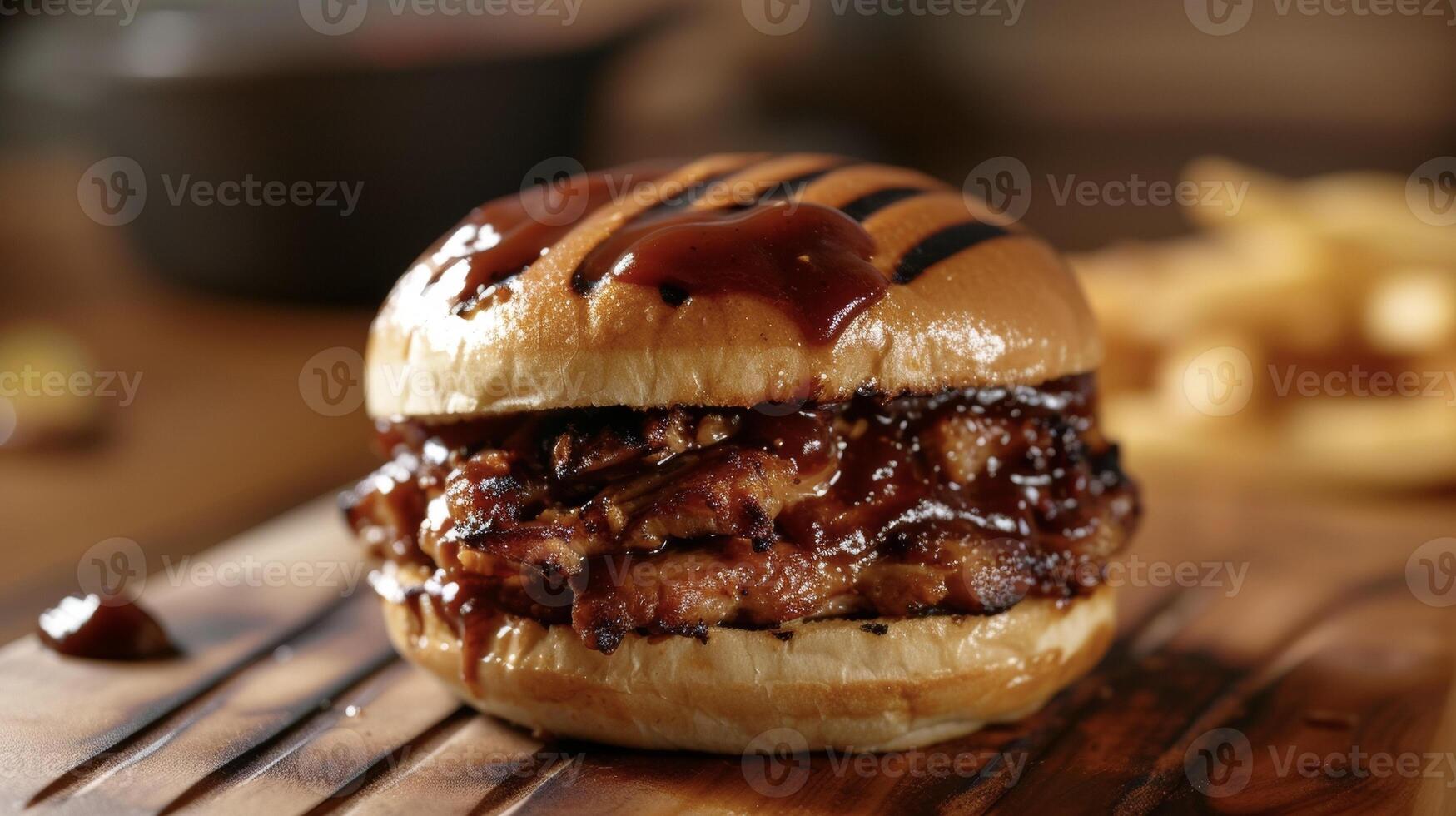 This BBQ pork sandwich is a symphony of flavors with tender and smoky pork tangy BBQ sauce and a hint of heat from jalapeno peppers. The grill marks on the bun give it a rusti photo