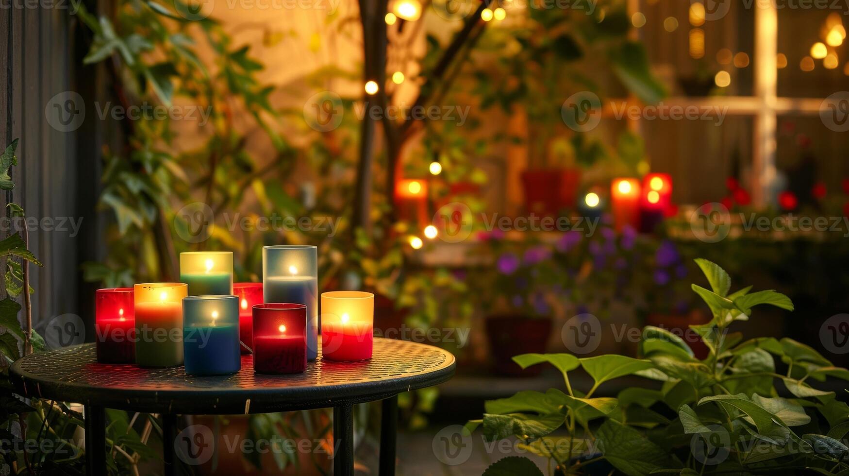 In the corner of the patio a small table is adorned with a variety of colorful candles adding a touch of ambiance to the scene. 2d flat cartoon photo