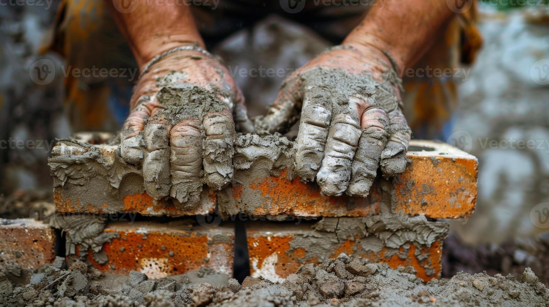 Powerful hands gently pressing bricks into place building a solid foundation for a new structure photo