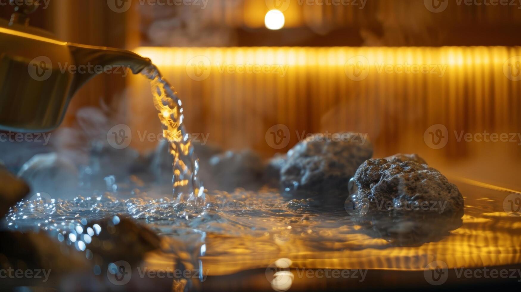 A sauna master pouring water on the hot rocks filling the room with steam and providing a cleansing and relaxing experience. photo