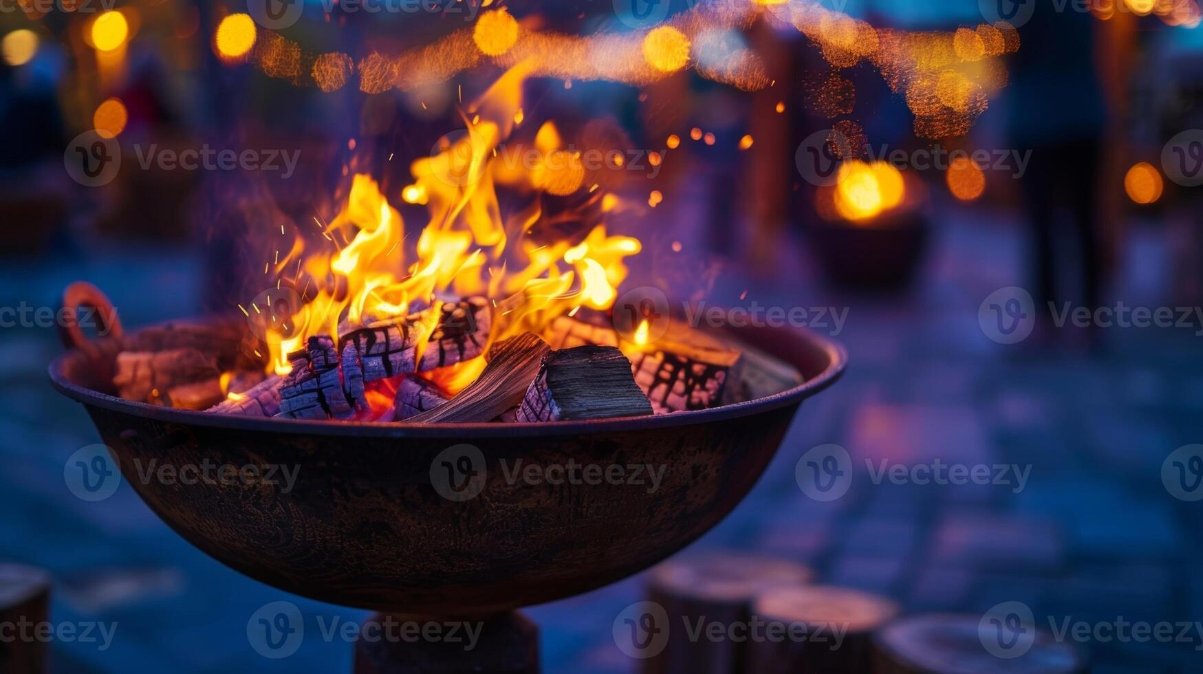 The fire pit acting as the centerpiece of the event drawing guests in with its inviting warmth and vibrant energy. 2d flat cartoon photo