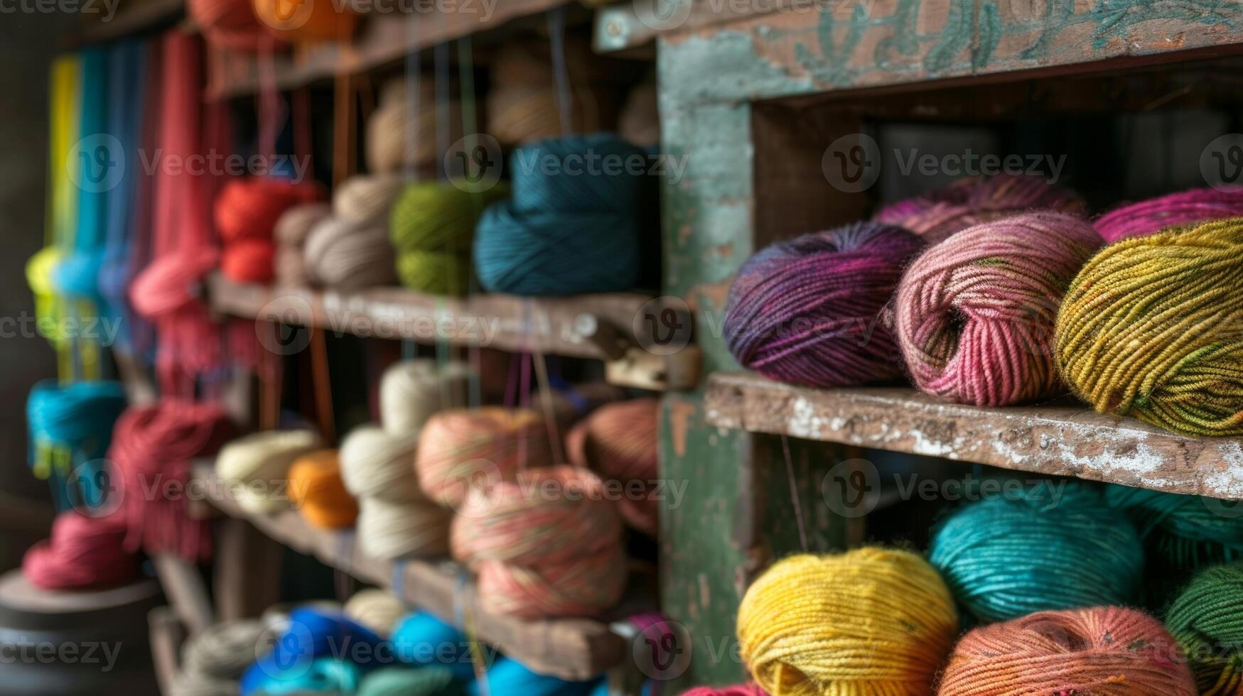 Bright strands of colorful yarn contrast against the dark rustic interior of the workshop. 2d flat cartoon photo