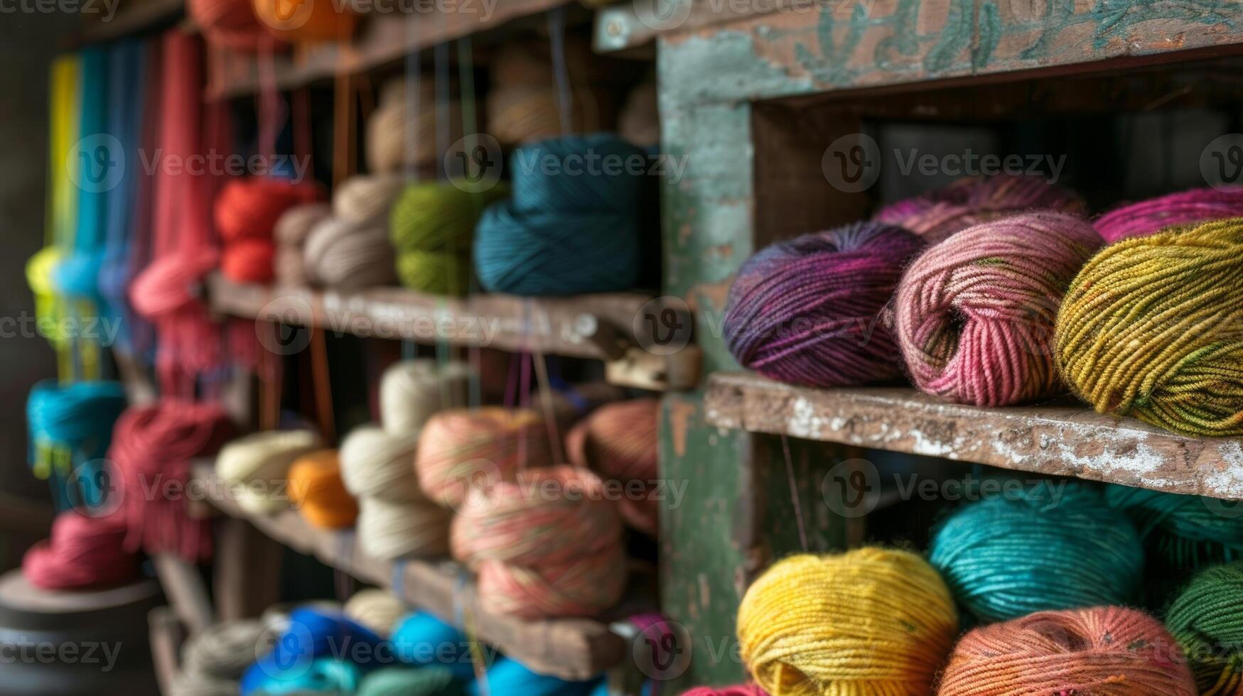 Bright strands of colorful yarn contrast against the dark rustic interior of the workshop. 2d flat cartoon photo