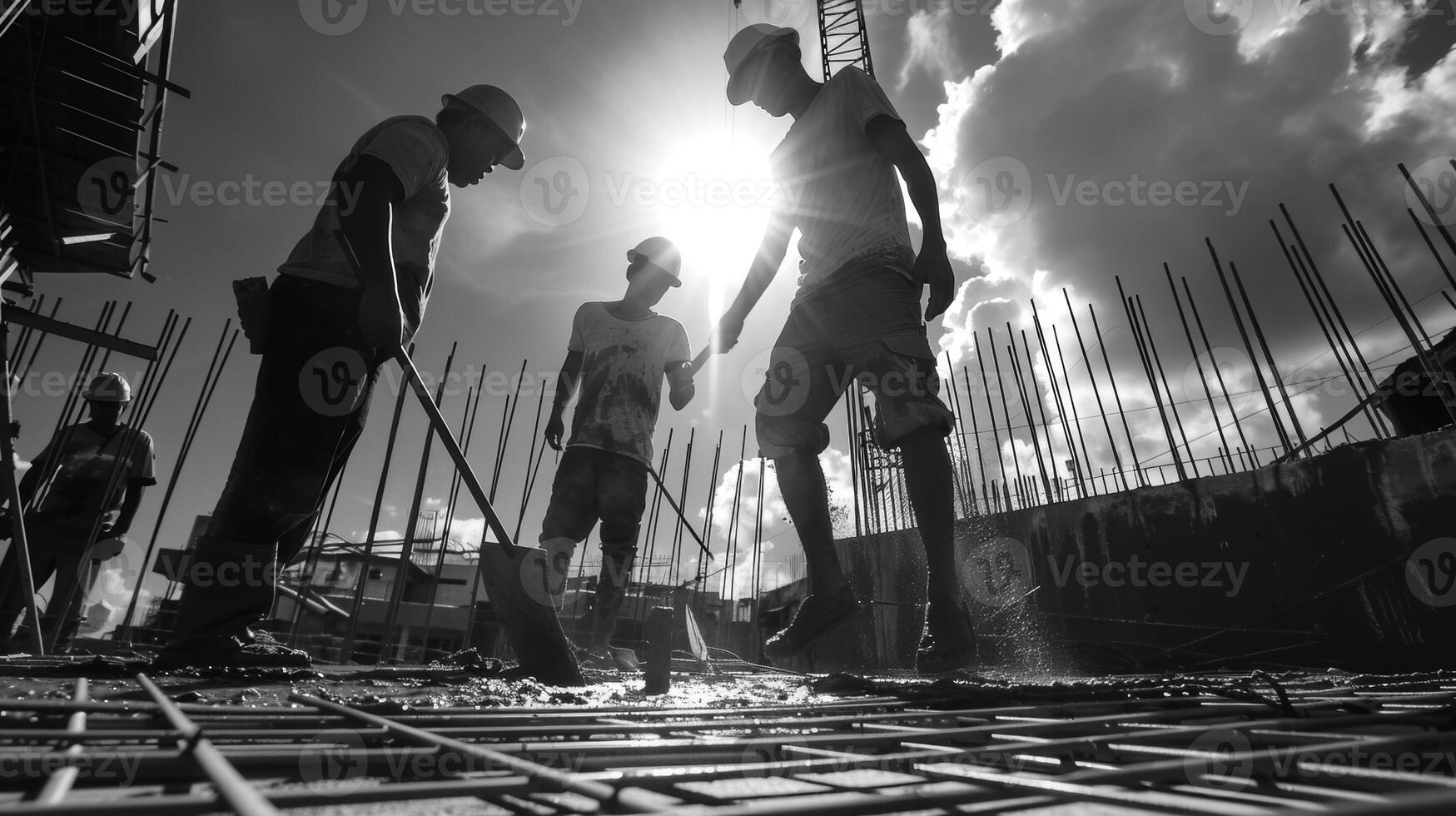 el Dom brillante abajo en el trabajadores como ellos verter hormigón el sudor en su cejas un testamento a su difícil trabajo y Dedicación a el proyecto foto