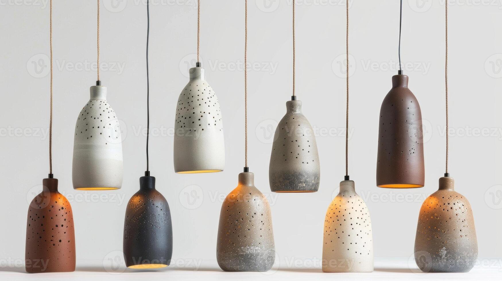 A series of ceramic pendant lamps in earthy tones inspired by nature and fitting perfectly in a rustic or bohemianthemed space. photo