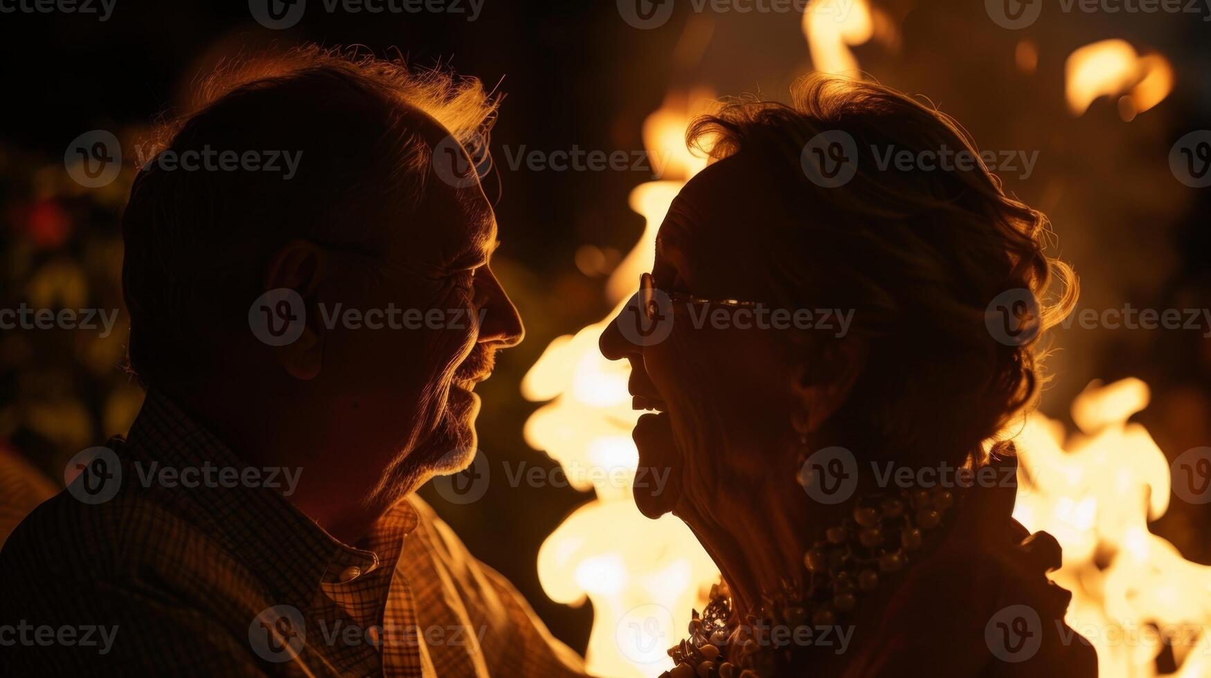 The sight of the mesmerizing flames reflects in the couples eyes as they share stories and reminisce about their memories. 2d flat cartoon photo