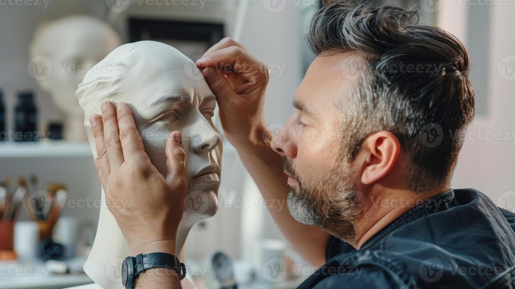 The instructor giving a demonstration on how to create realistic facial features using a combination of sculpting and painting techniques photo