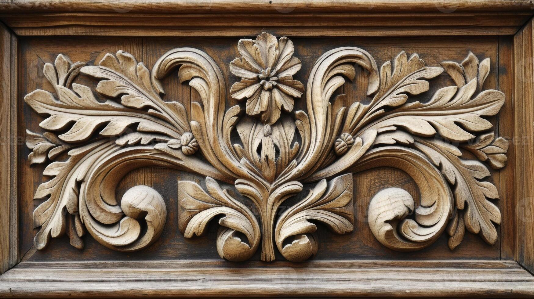 A closeup image of a handcarved wooden door beautifully restored to its original glory using traditional Flemish woodworking techniques photo