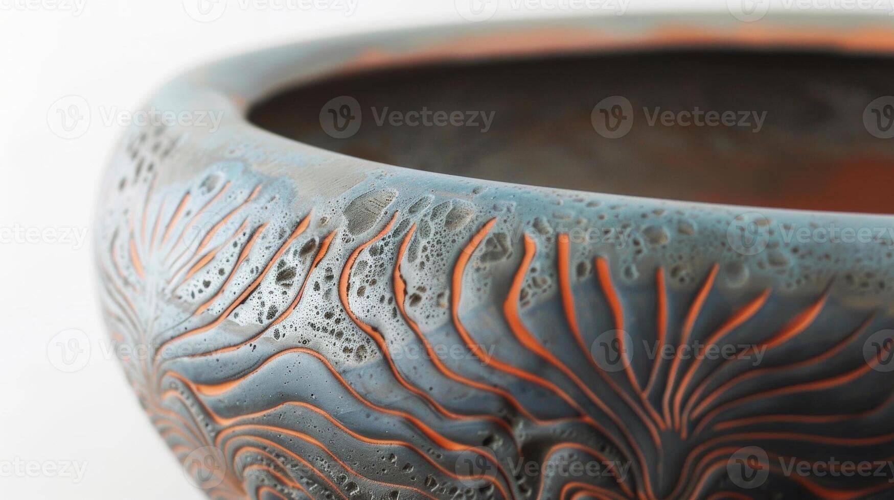A series of bowls with a unique textured rim achieved through the sgraffito technique where layers of clay are carved away to reveal contrasting colors and patterns. photo