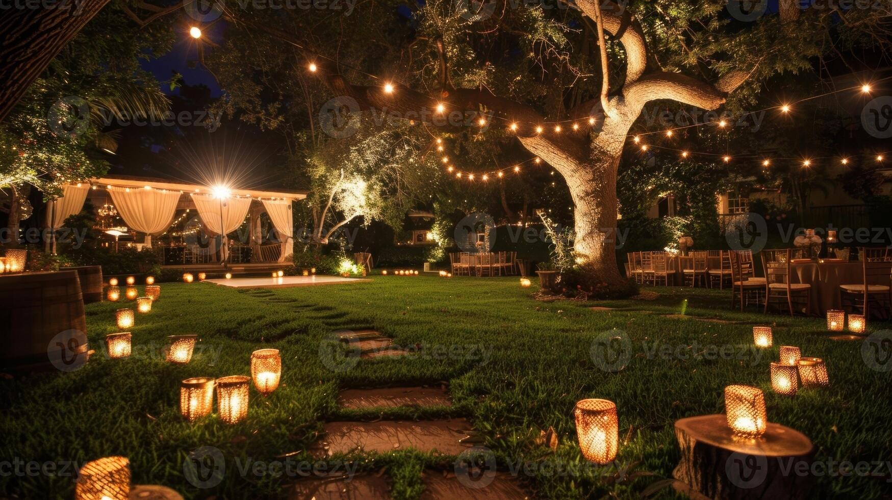 The backyard is transformed into a stunning oasis with the flickering candles creating a romantic and serene atmosphere for the special day. 2d flat cartoon photo