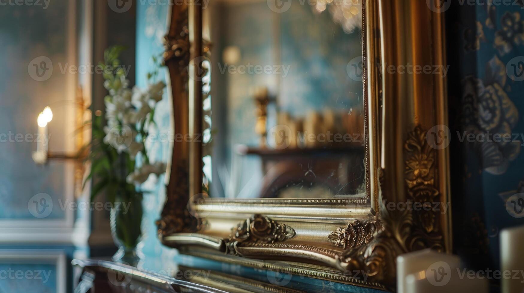 A stylish goldrimmed mirror hangs above the fireplace reflecting the warm glow and making the room appear larger. 2d flat cartoon photo