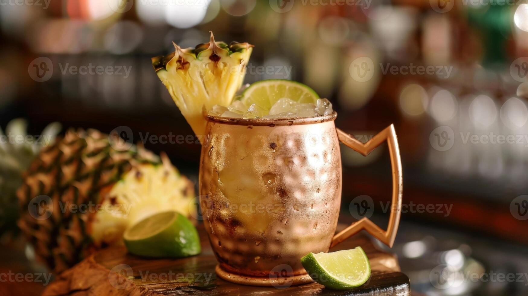 A tropical twist on a classic Moscow Mule made with ginger beer lime juice and a splash of fresh pineapple juice garnished with a pineapple wedge photo