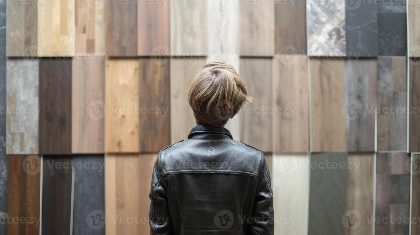 A person standing in front of a wall of different flooring materials trying to decide between hardwood laminate or tiles for their new home renovation project photo